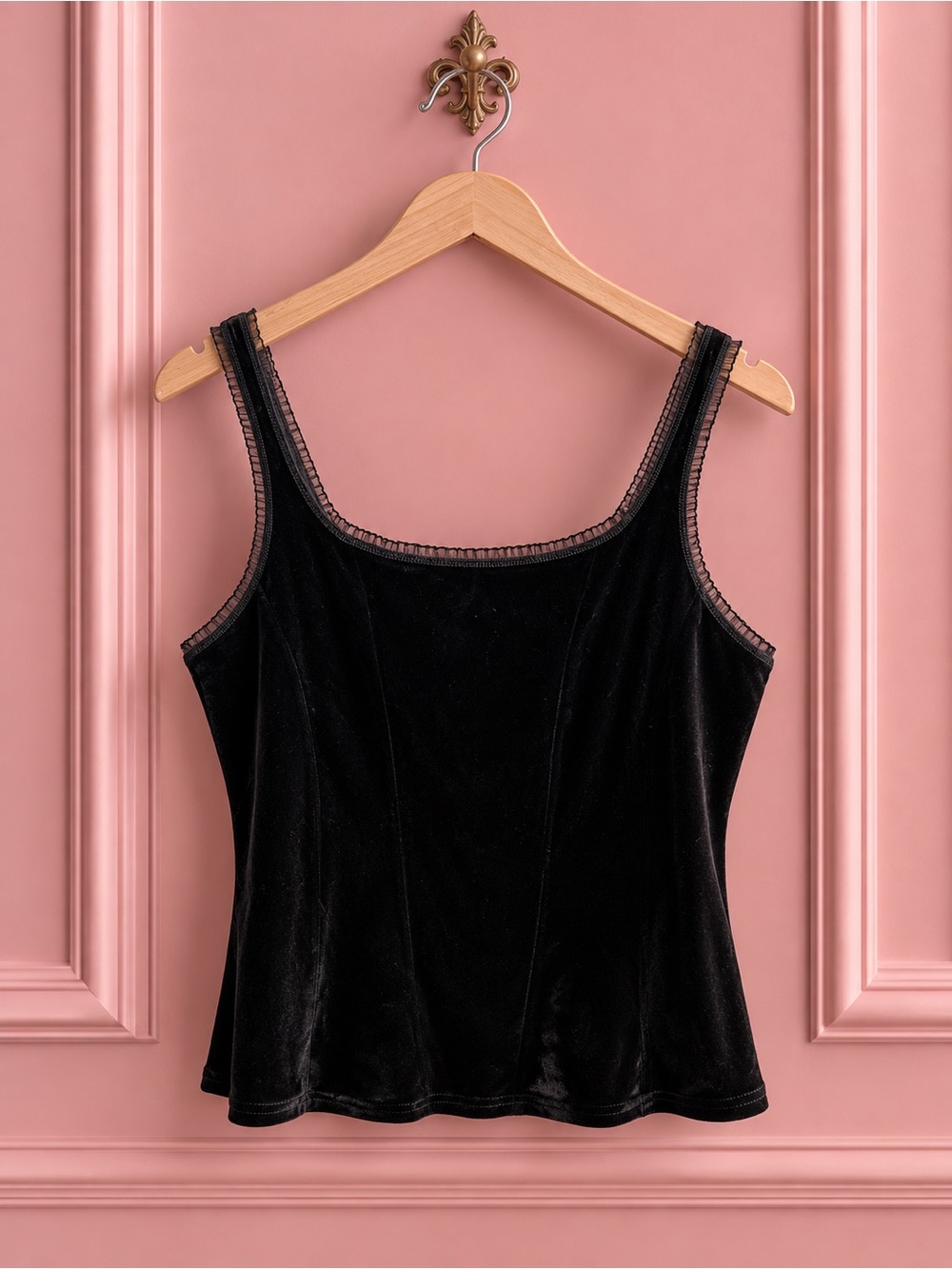Arianne Black Velvet Lace-Trim Tank Top Size L